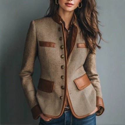 Mathilde | Dame Tweed Blazer Skræddersyet Faux-Læder Trim Knapper