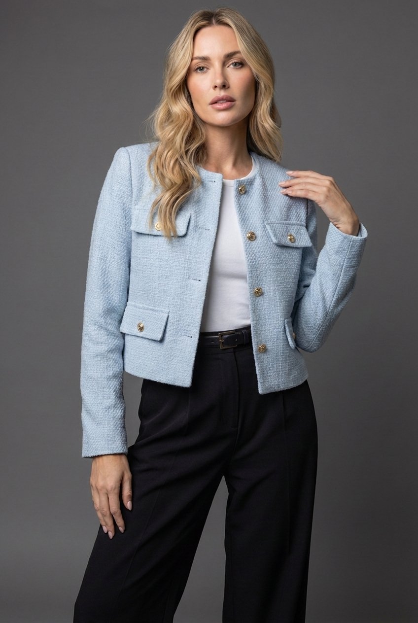 Astrid | Dame Tweed Cropped Blazer Rund Hals Guld Knapper