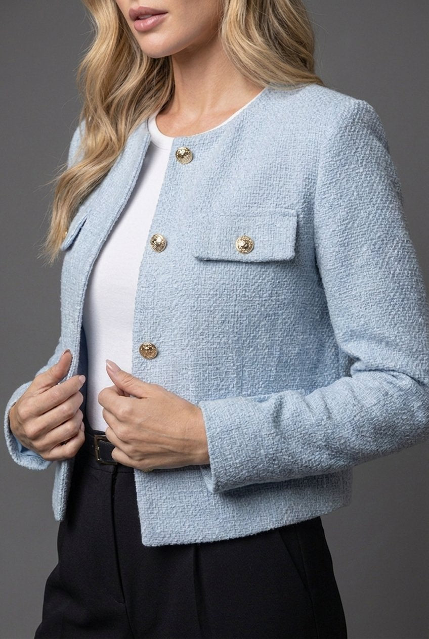 Astrid | Dame Tweed Cropped Blazer Rund Hals Guld Knapper