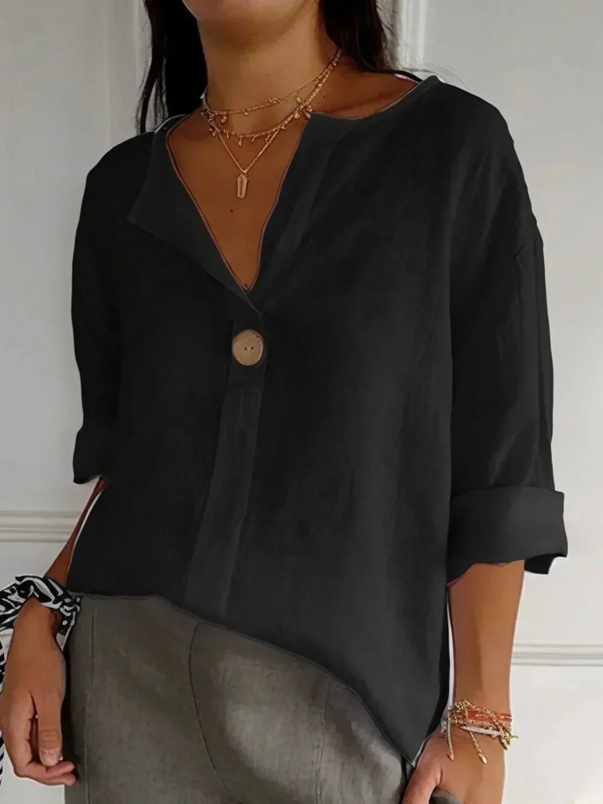 Josefine | Dame V-hals Afslappet Linned-look Bluse med 3/4 Ærmer