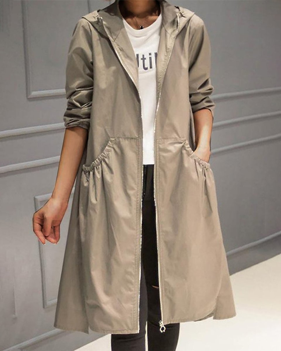 Nora | Dame Vandafvisende Hættet Lang Trench Coat Polyester