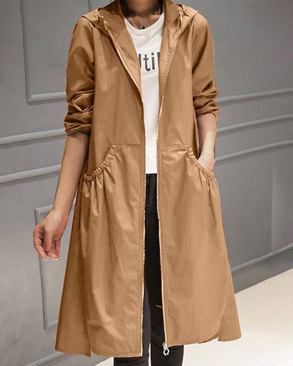 Nora | Dame Vandafvisende Hættet Lang Trench Coat Polyester