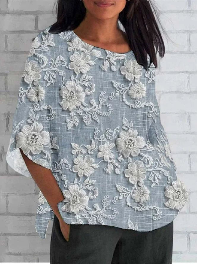 Lea | Dame Vintage Blomster Broderet Afslappet Bluse