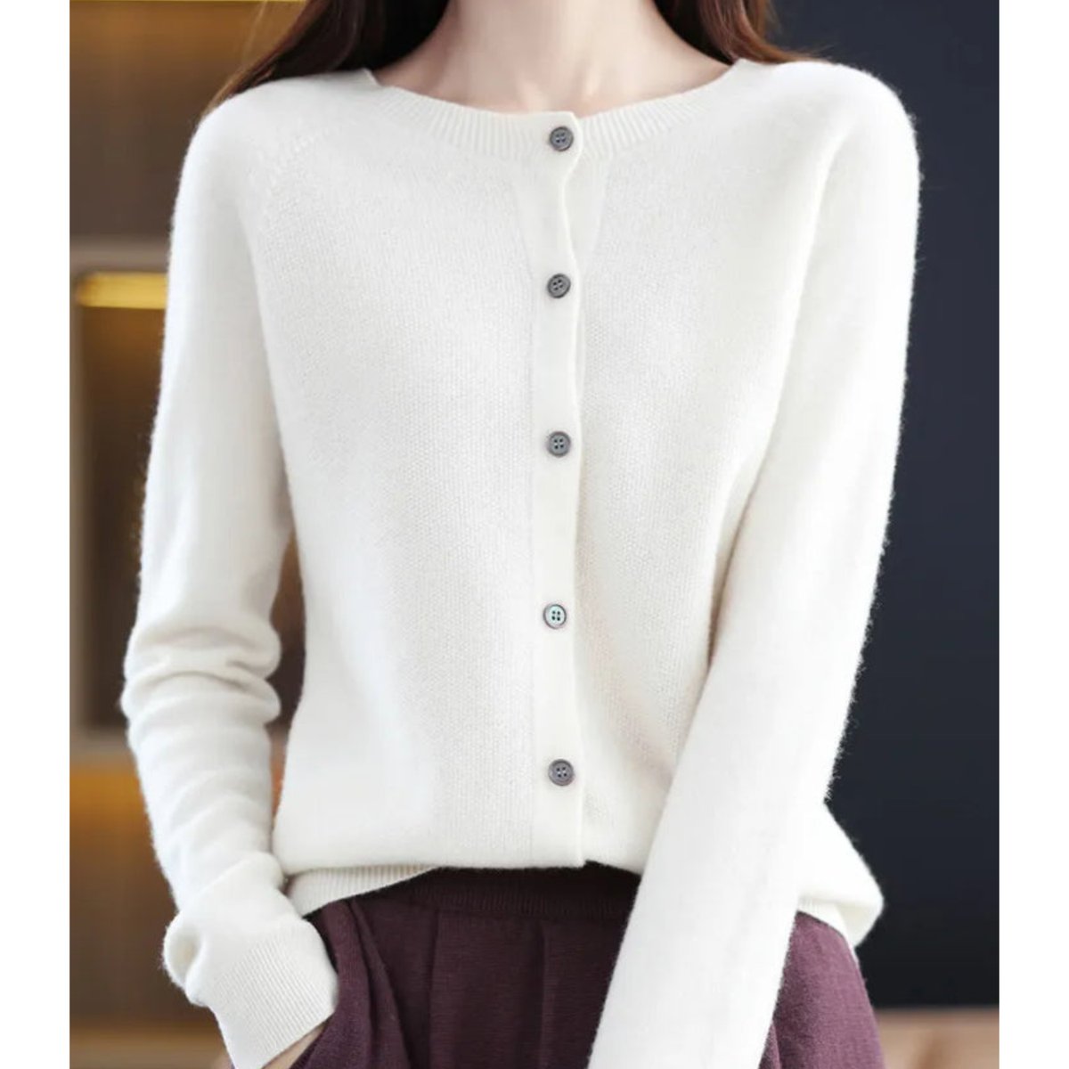 Astrid | Damecardigan Merino Uld Rundhalset Knaplukning Strik