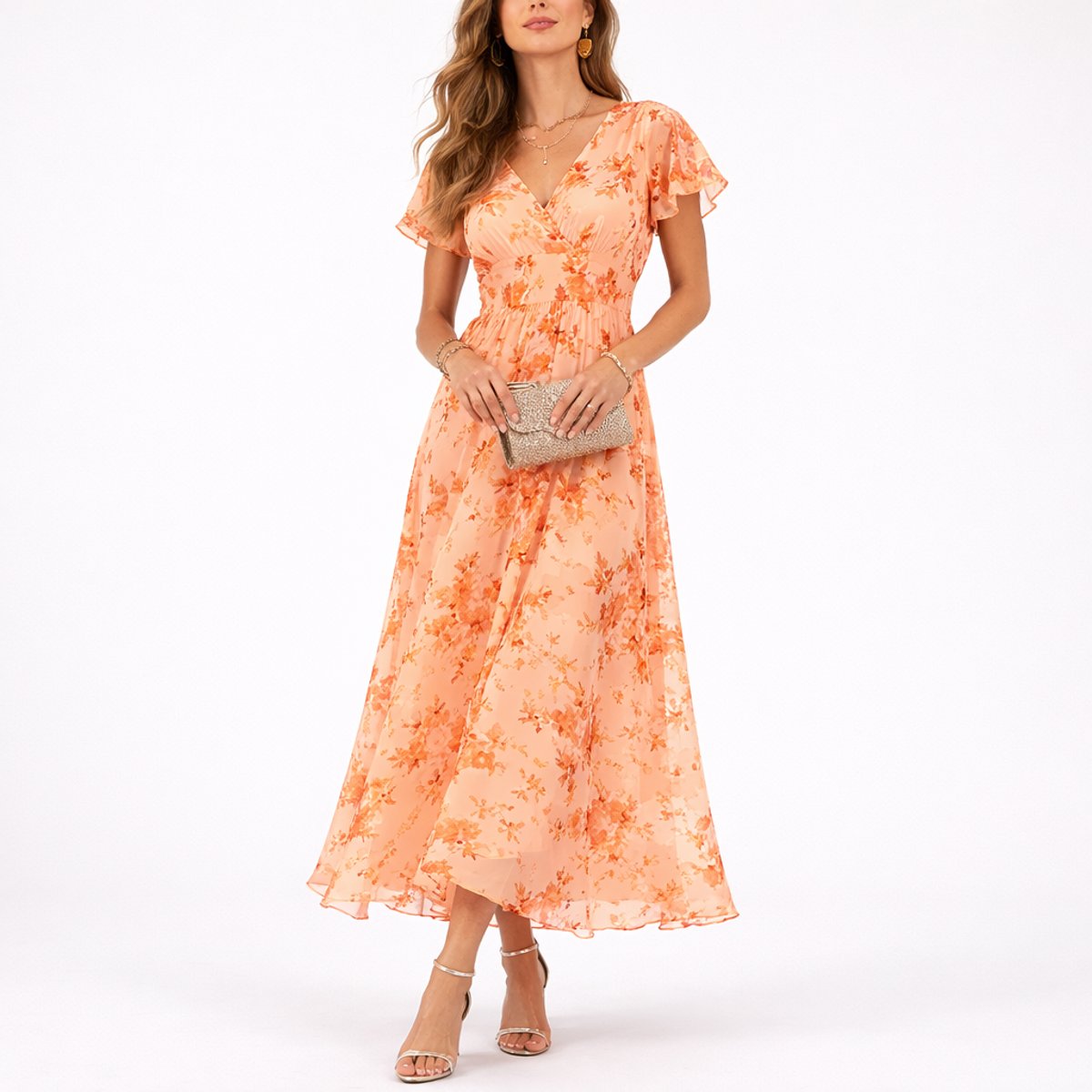 Ida | Damer Blomstret Chiffon Maxi Kjole til Efterårsbrudegæster V-hals