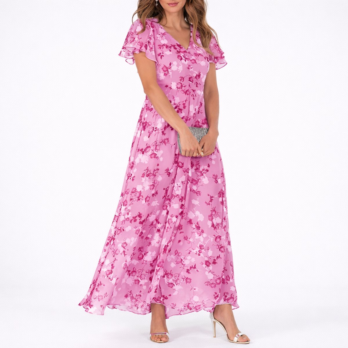 Ida | Damer Blomstret Chiffon Maxi Kjole til Efterårsbrudegæster V-hals