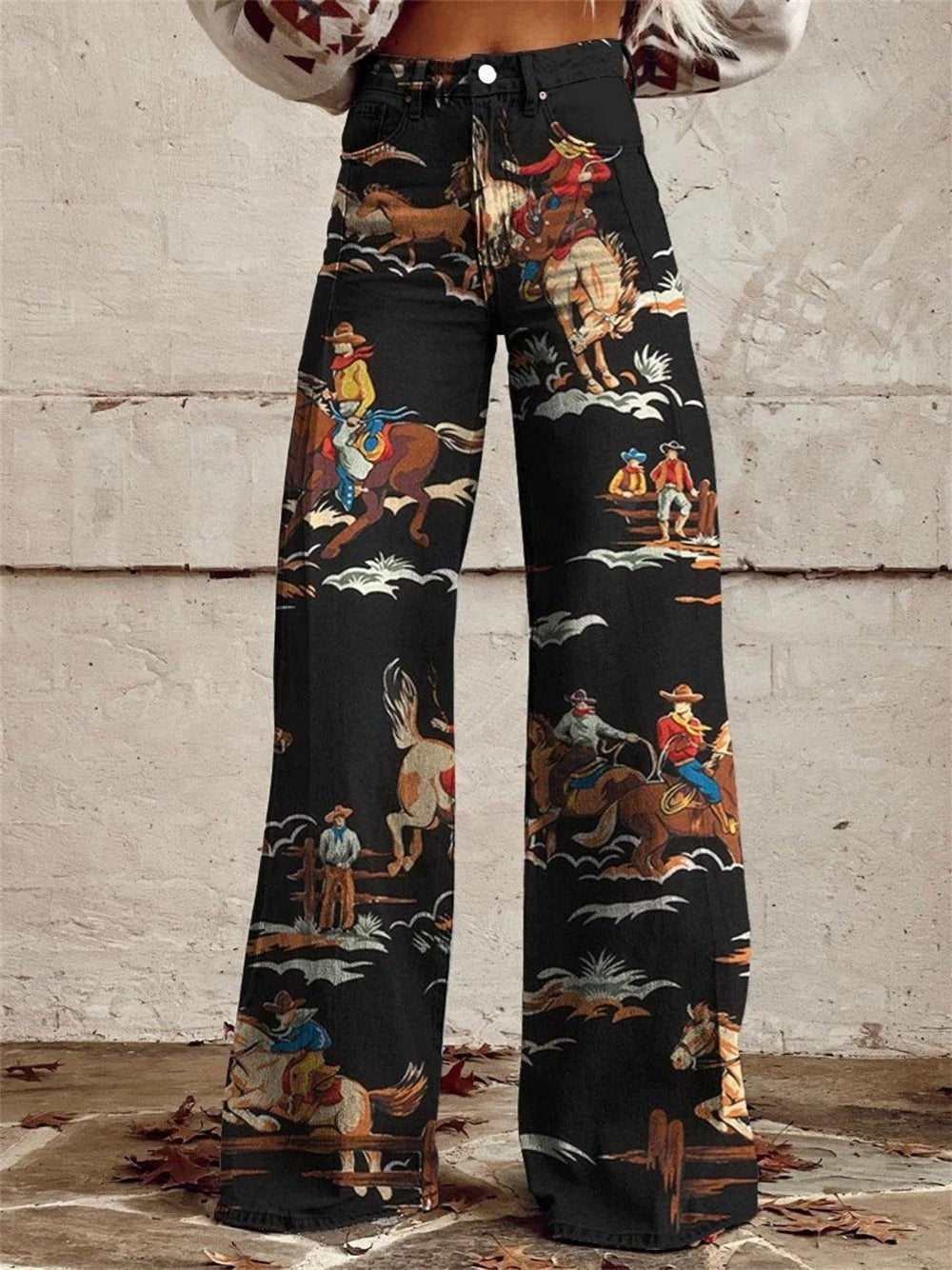 Agnes | Damer High-Waist Cowboy Print Wide-Leg Denim Bukser