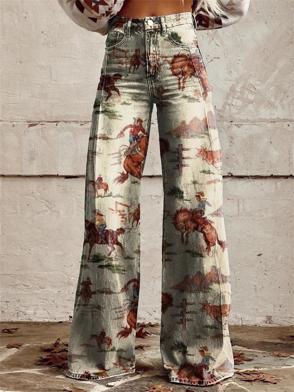 Agnes | Damer High-Waist Cowboy Print Wide-Leg Denim Bukser