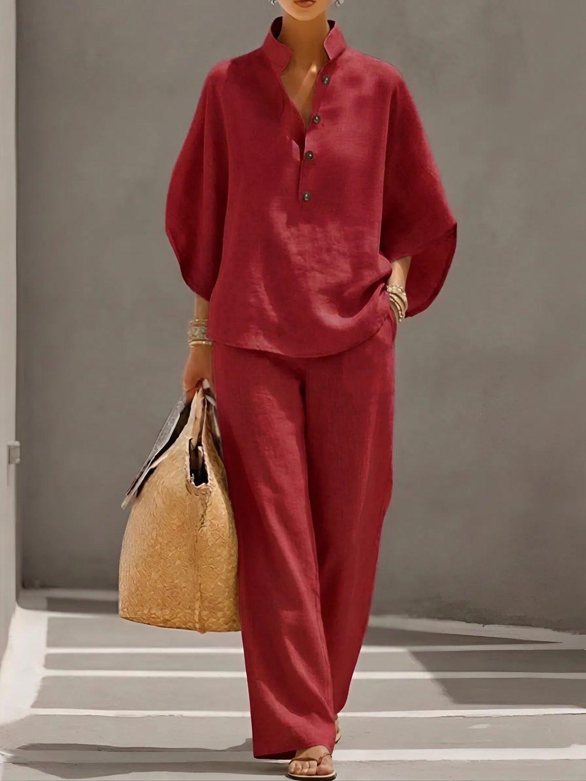 Ella | Damer Mandarin Krave Kimono Ærme Hør Sæt