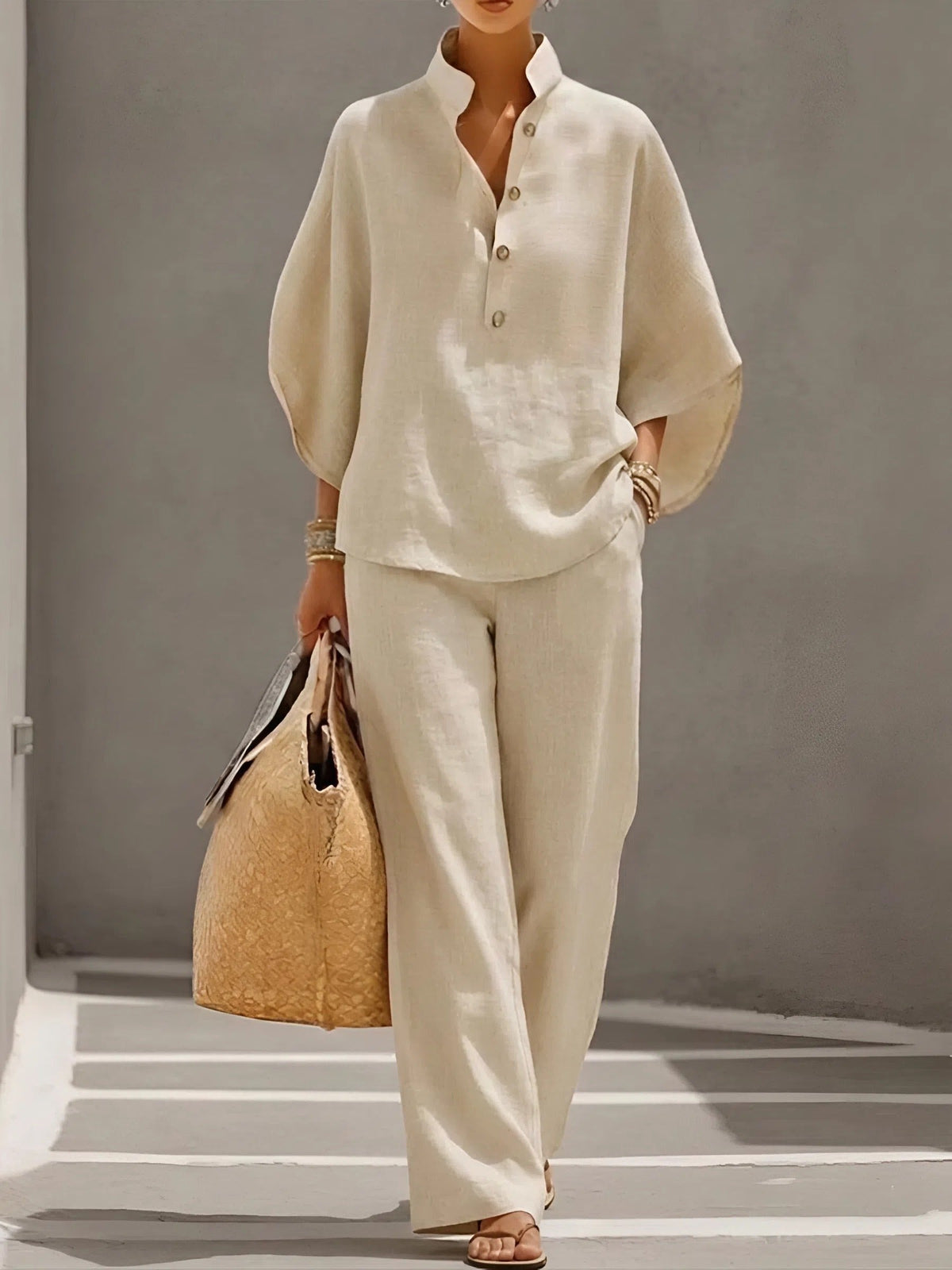 Ella | Damer Mandarin Krave Kimono Ærme Hør Sæt
