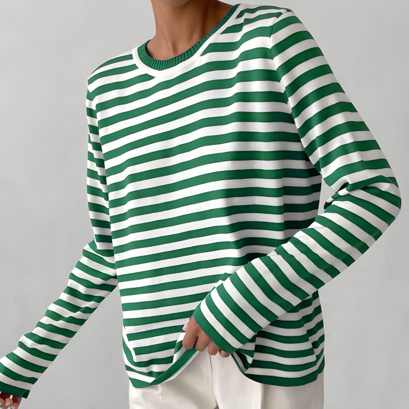 Agnes | Damer Stribet Langærmet T-Shirt med Rund Hals