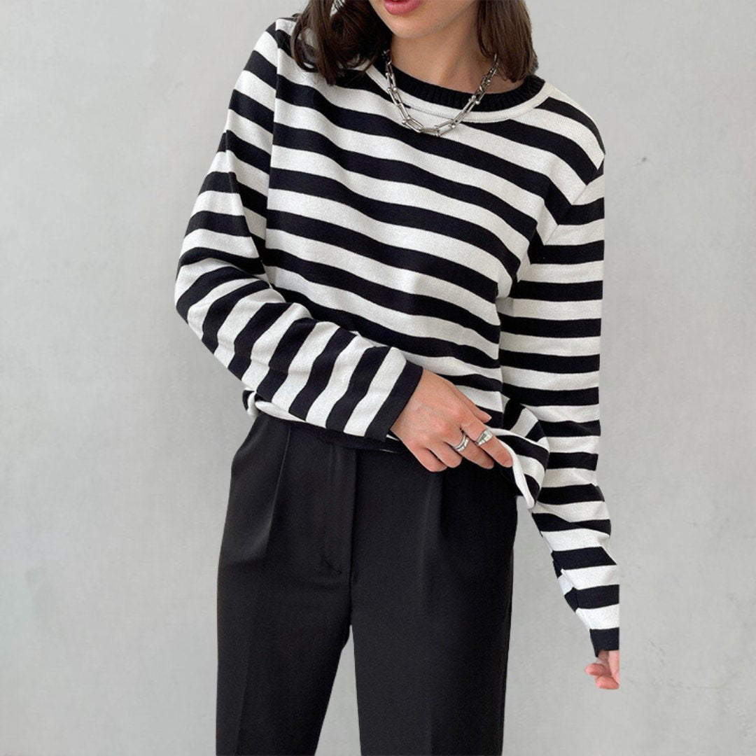 Agnes | Damer Stribet Langærmet T-Shirt med Rund Hals