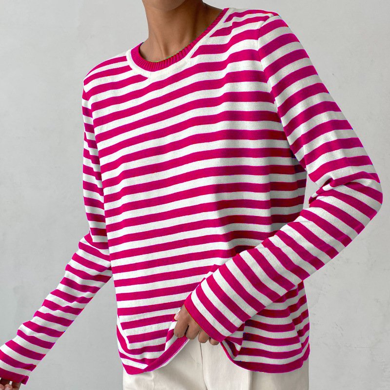 Agnes | Damer Stribet Langærmet T-Shirt med Rund Hals