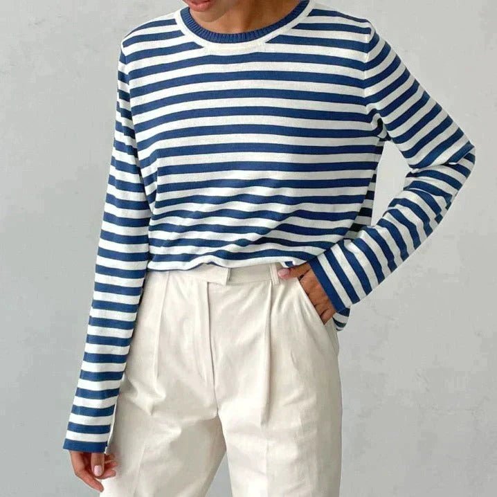 Agnes | Damer Stribet Langærmet T-Shirt med Rund Hals