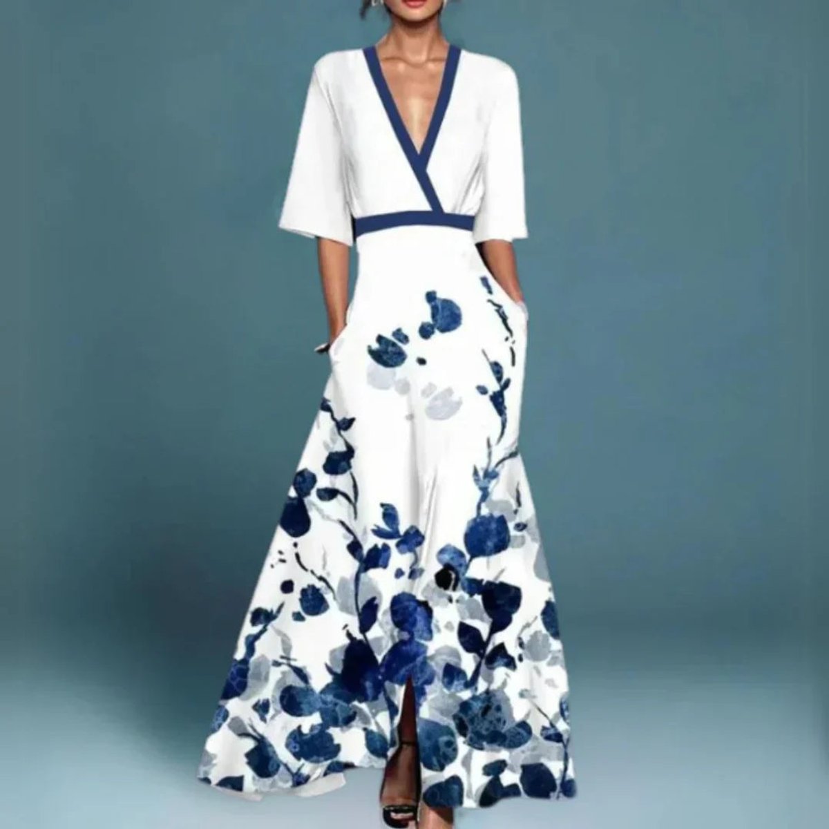 Sofia | Damernes Blomstrede Maxi Formal Dress med V-udskæring