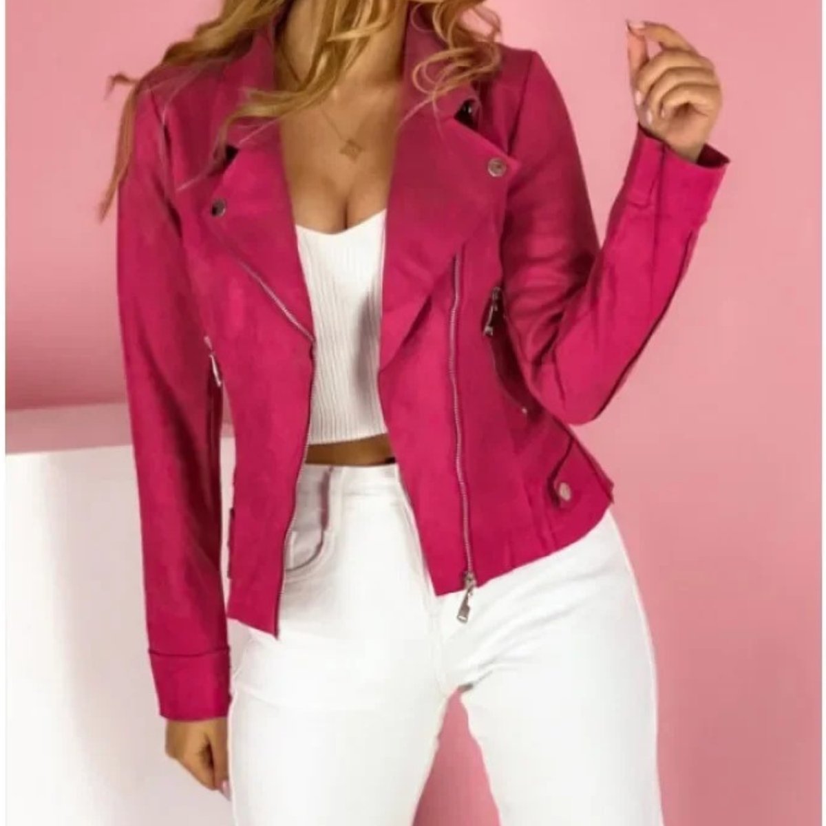 Alma | Damernes Foldekrave PU Faux Leather Jacket Lynlås