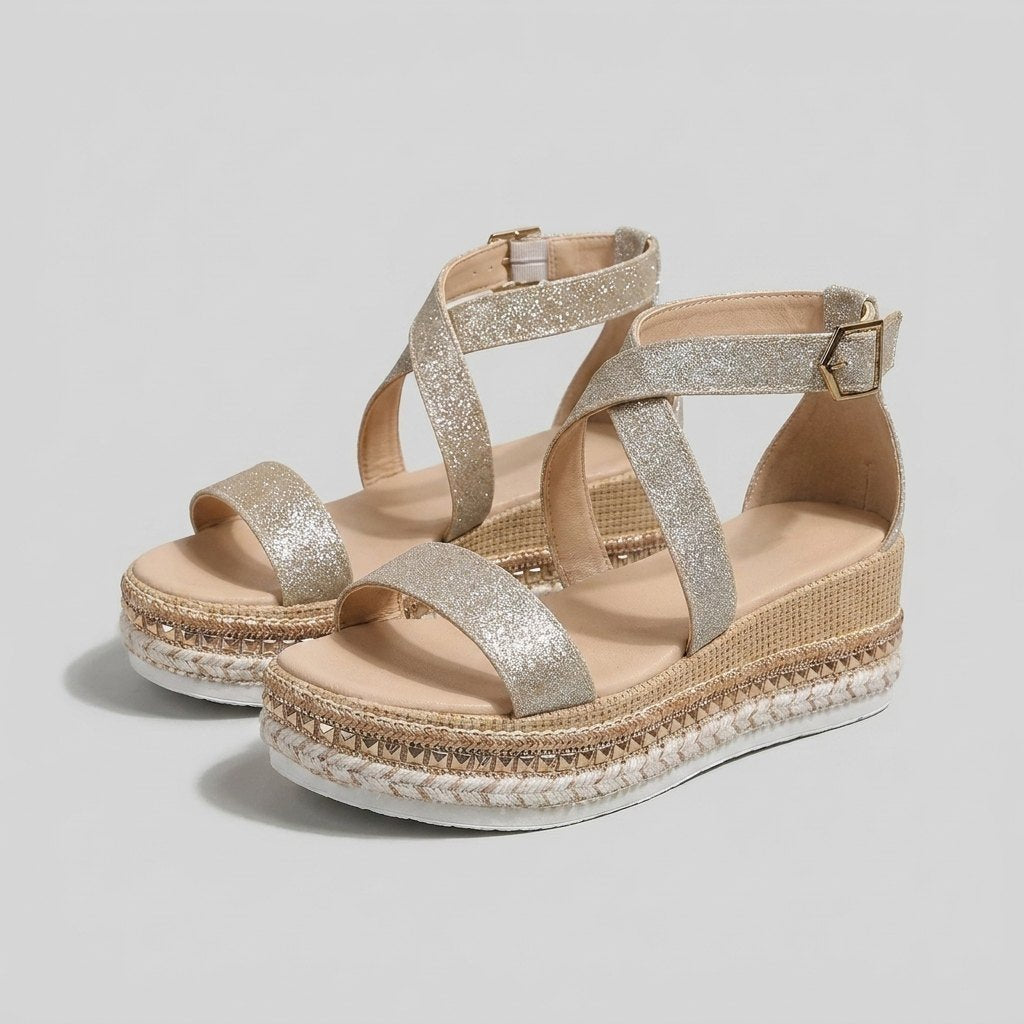 Olivia | Damers Åben-Tå Espadrille Platform Sandaler Metalskinds Spænde