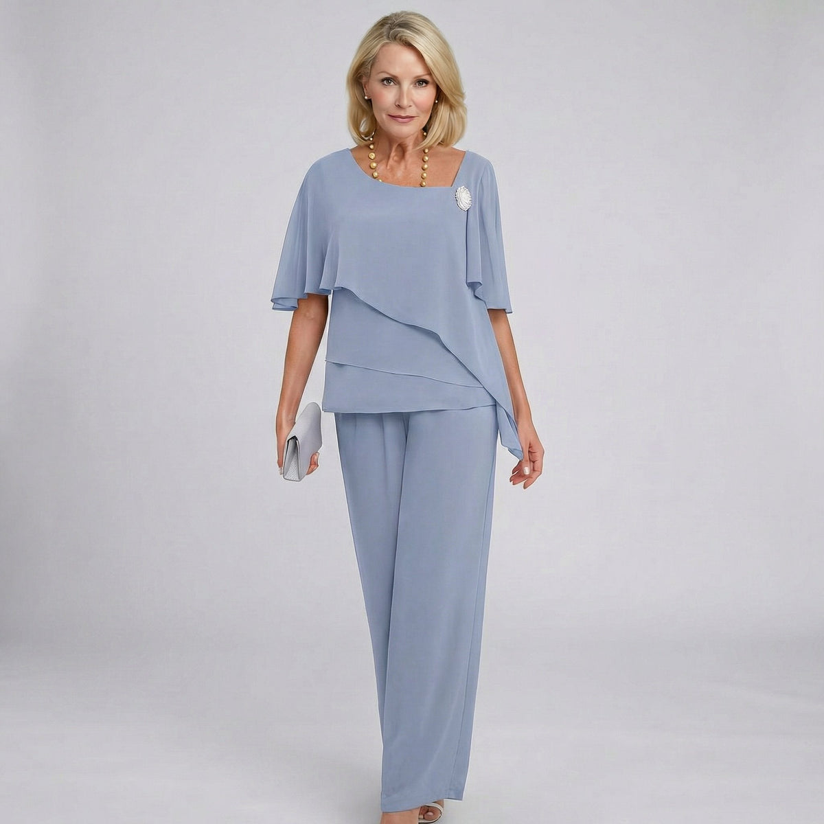 Mathilde | Damers Chiffon Cape-Ærme Two-Piece Set Bukser med Brede Ben