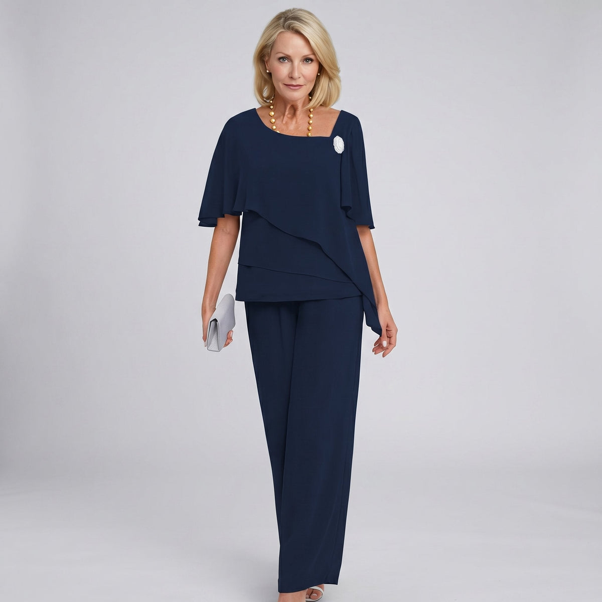 Mathilde | Damers Chiffon Cape-Ærme Two-Piece Set Bukser med Brede Ben