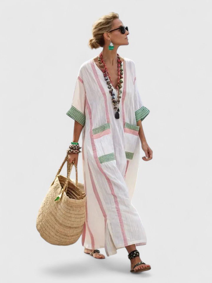 Emma | Damers Oversized Boho Maxi Kjole V-Hals Stribet Linned
