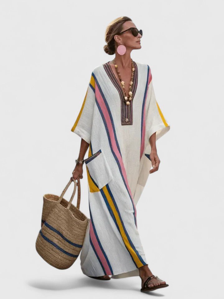 Emma | Damers Oversized Boho Maxi Kjole V-Hals Stribet Linned