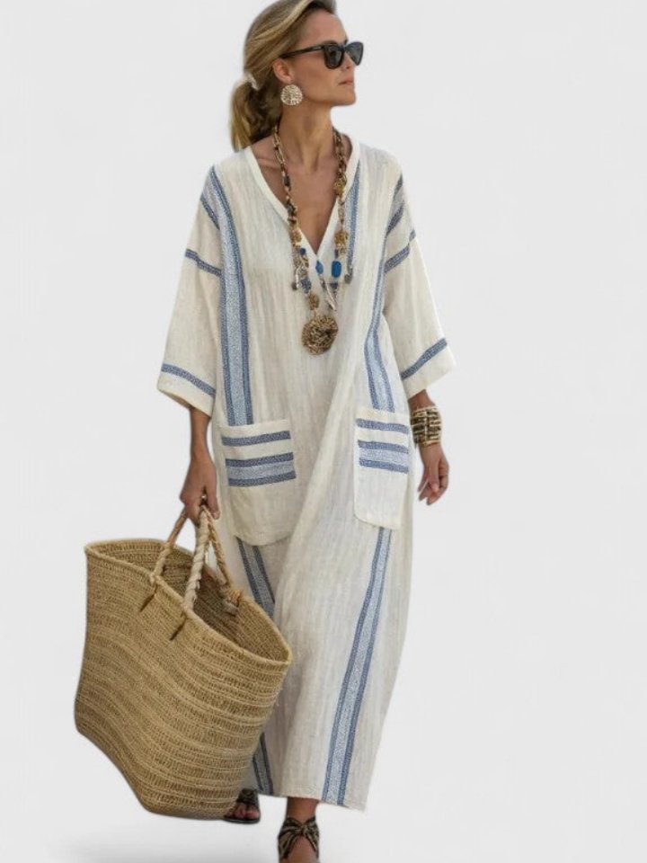 Emma | Damers Oversized Boho Maxi Kjole V-Hals Stribet Linned