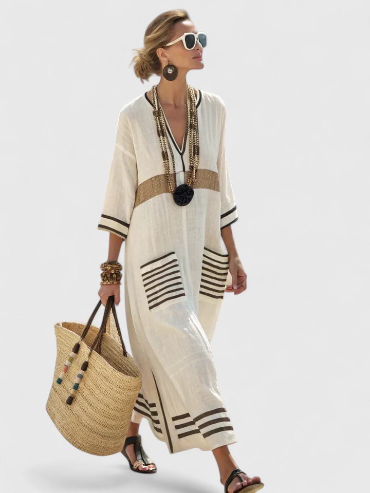 Emma | Damers Oversized Boho Maxi Kjole V-Hals Stribet Linned