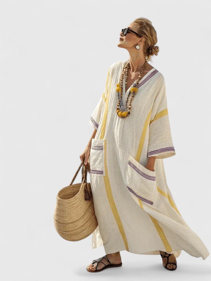 Emma | Damers Oversized Boho Maxi Kjole V-Hals Stribet Linned