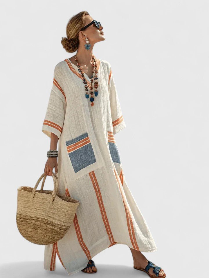 Emma | Damers Oversized Boho Maxi Kjole V-Hals Stribet Linned