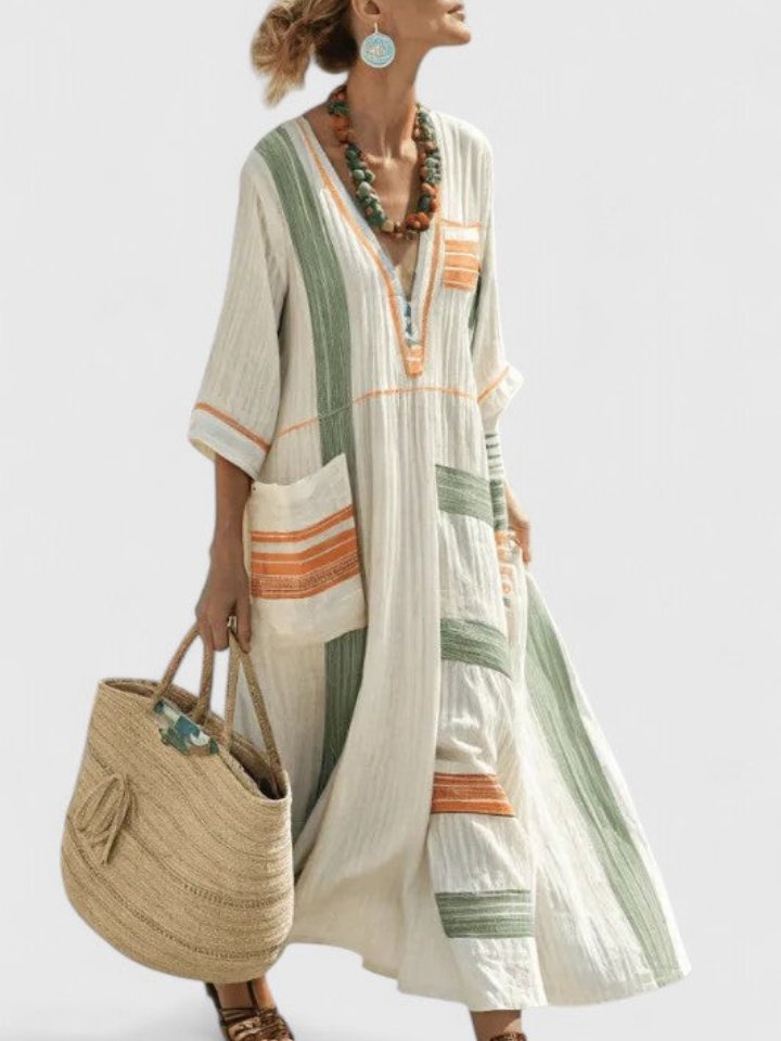 Emma | Damers Oversized Boho Maxi Kjole V-Hals Stribet Linned