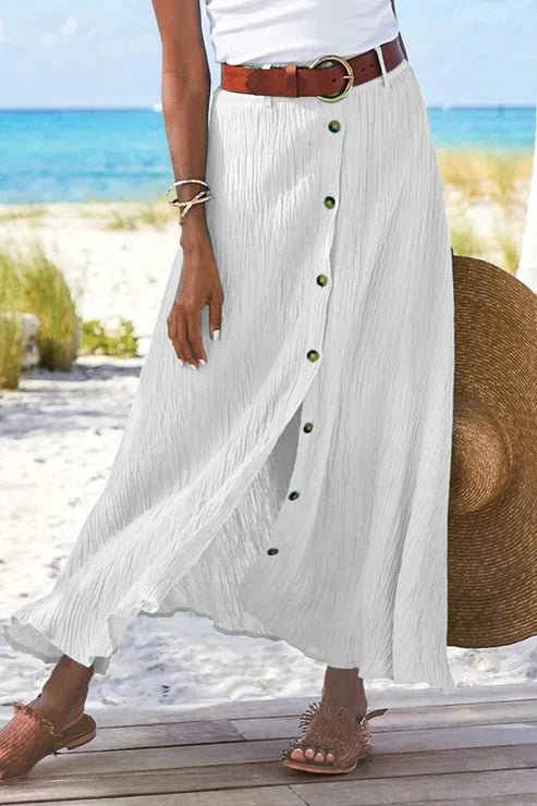 Isabella | Dames Højtaljede Krøllet Linned-Look Maxi Knappeskørt