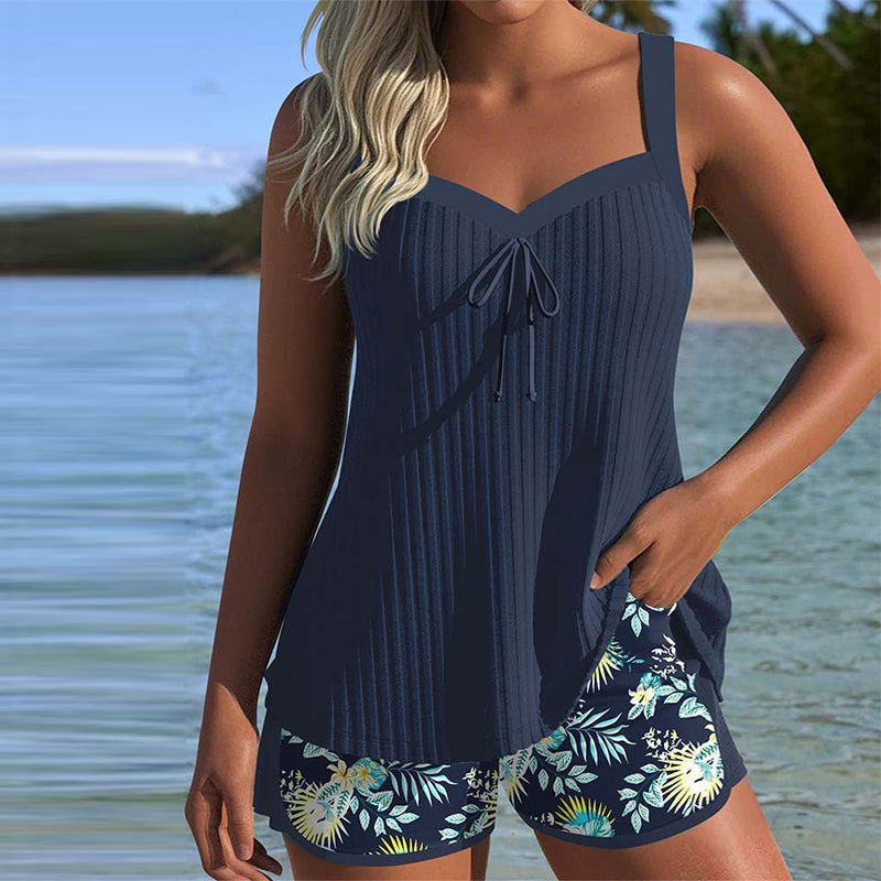 Olivia | Dames Two-piece Set Tankini Stribede Badeshorts Blomsterprint