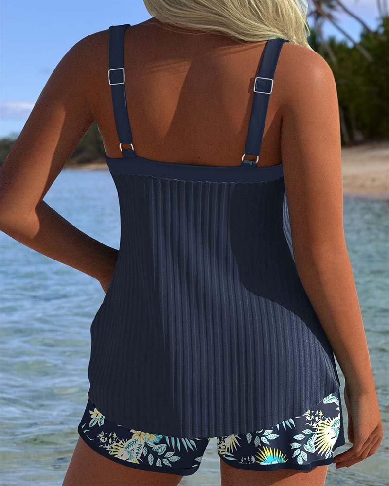 Olivia | Dames Two-piece Set Tankini Stribede Badeshorts Blomsterprint