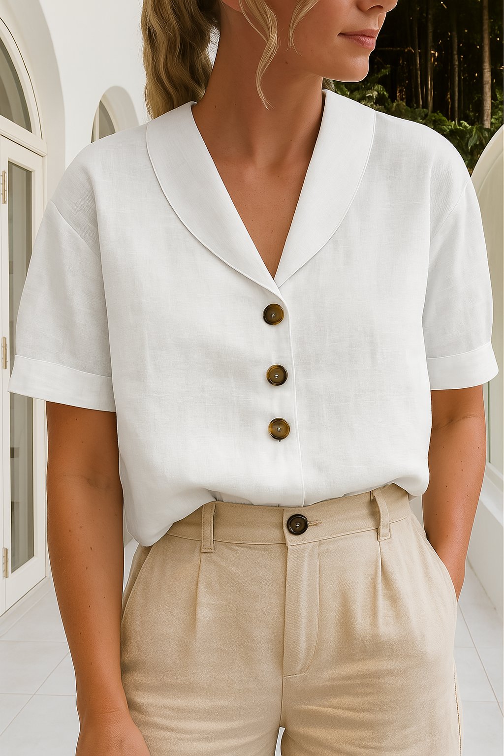 Sofia | Elegant Bluse med Wrap-Hals og Korte Ærmer