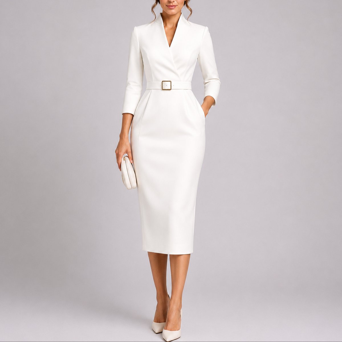Olivia | Elegant Bodycon Midi Kjole til Bryllupsgjæster med Bælte V-hals