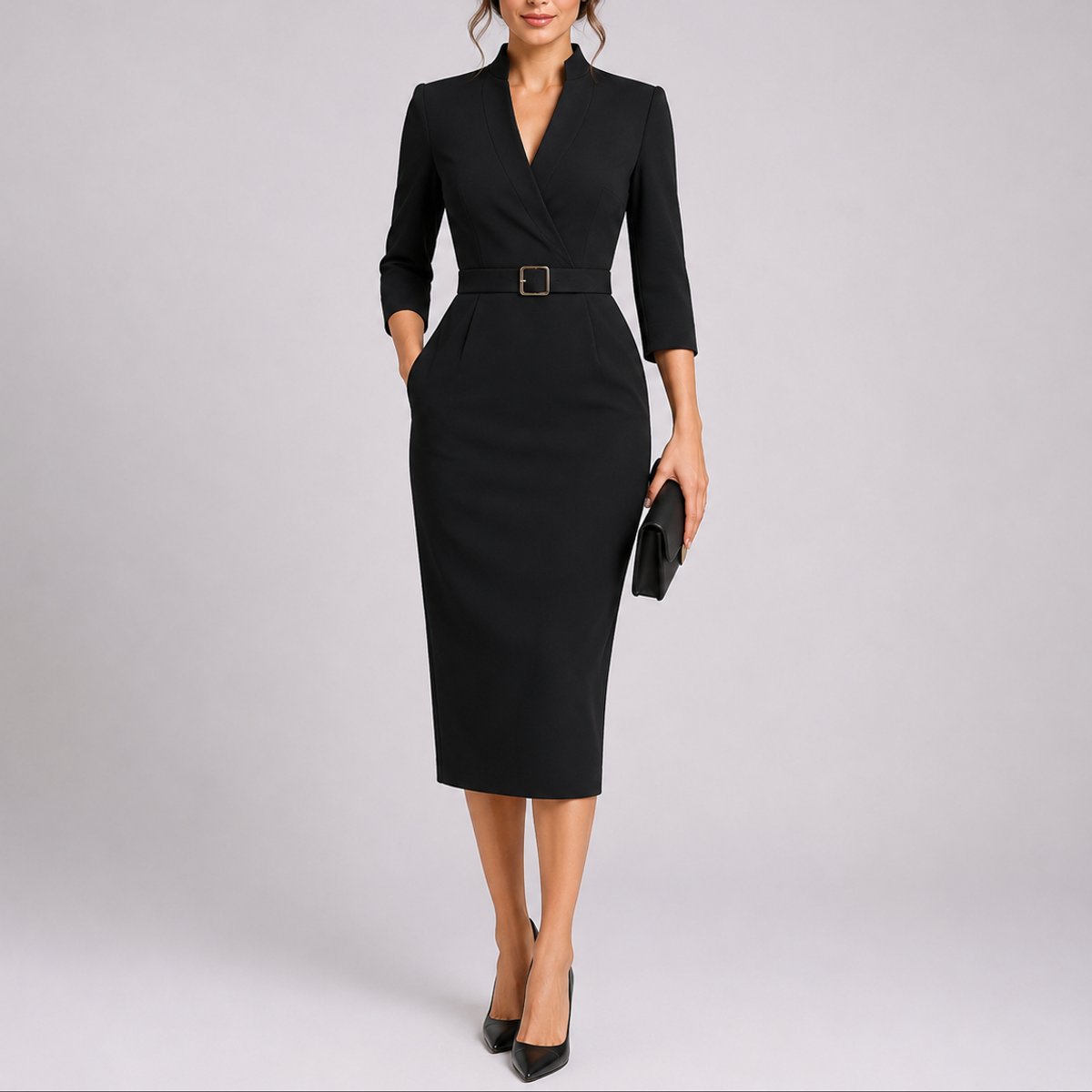 Olivia | Elegant Bodycon Midi Kjole til Bryllupsgjæster med Bælte V-hals