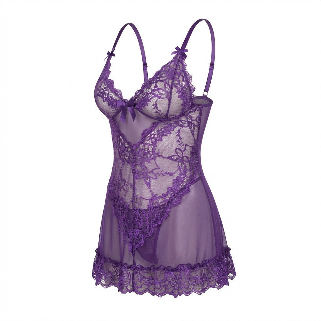 Lea | Gennemsigtig Blondekjole Chemise Mesh Blonder Satin G-streng