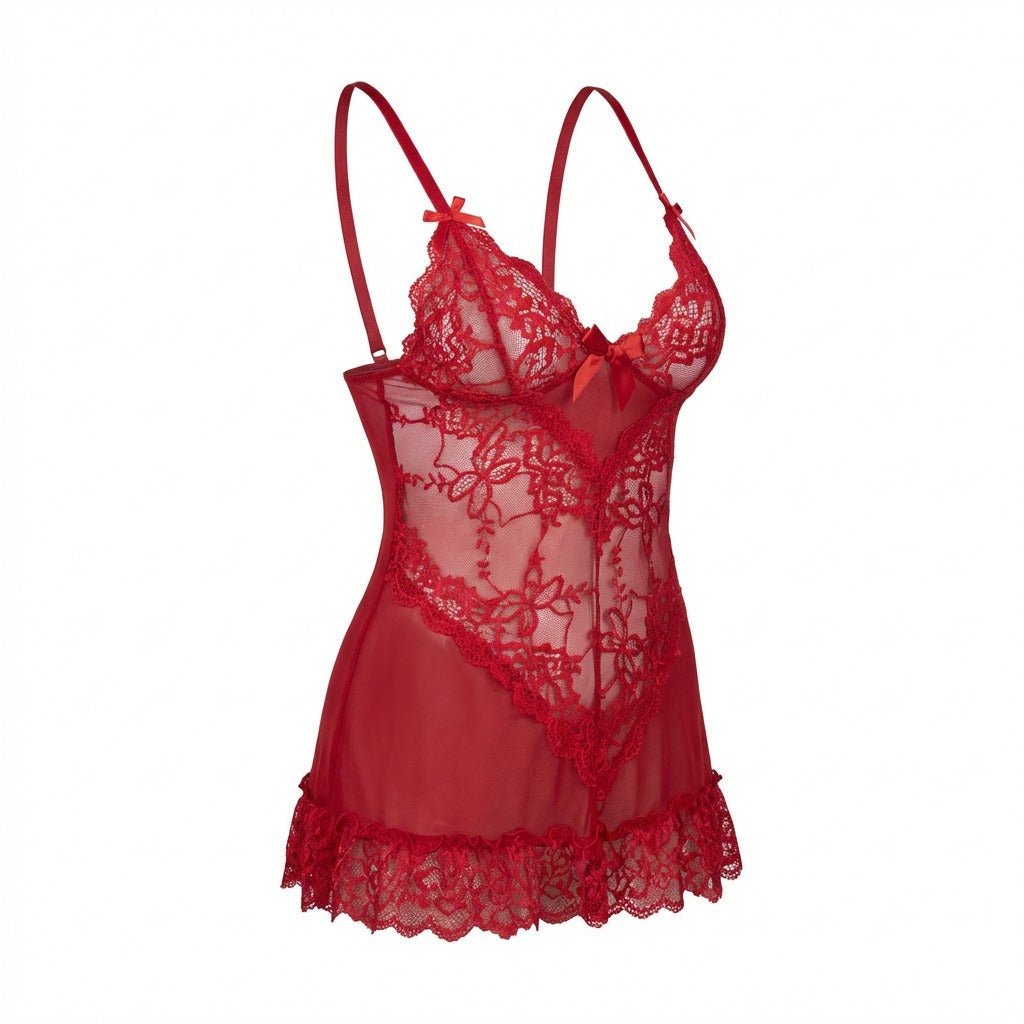 Lea | Gennemsigtig Blondekjole Chemise Mesh Blonder Satin G-streng