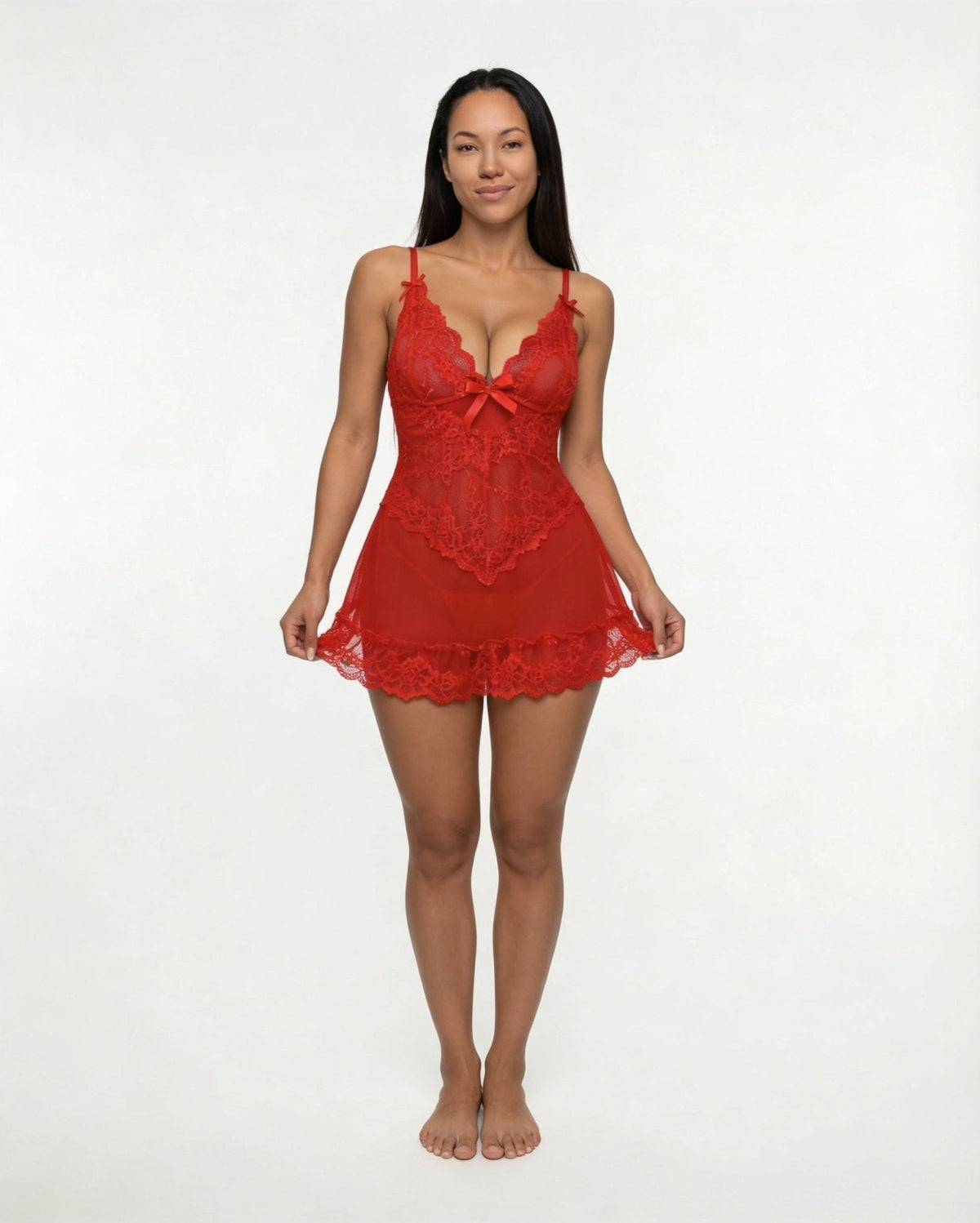 Lea | Gennemsigtig Blondekjole Chemise Mesh Blonder Satin G-streng