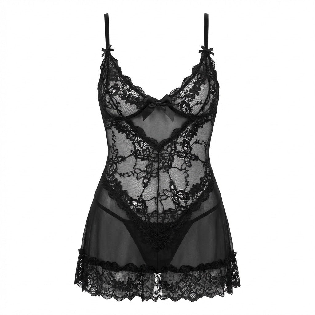 Lea | Gennemsigtig Blondekjole Chemise Mesh Blonder Satin G-streng