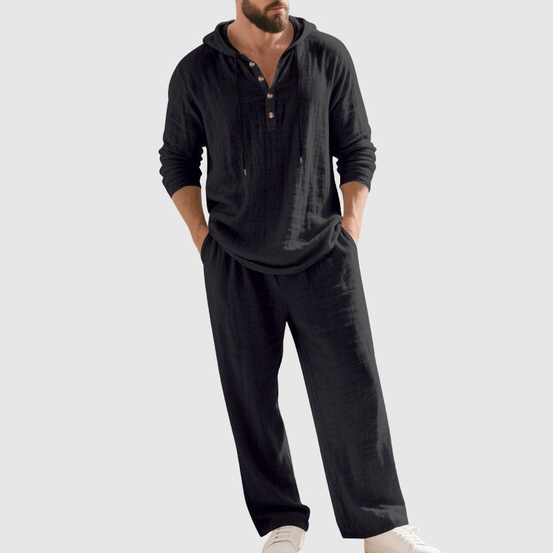 Oscar | Herre Afslappet Linen Hætte-Sæt med Henley-Skjorte