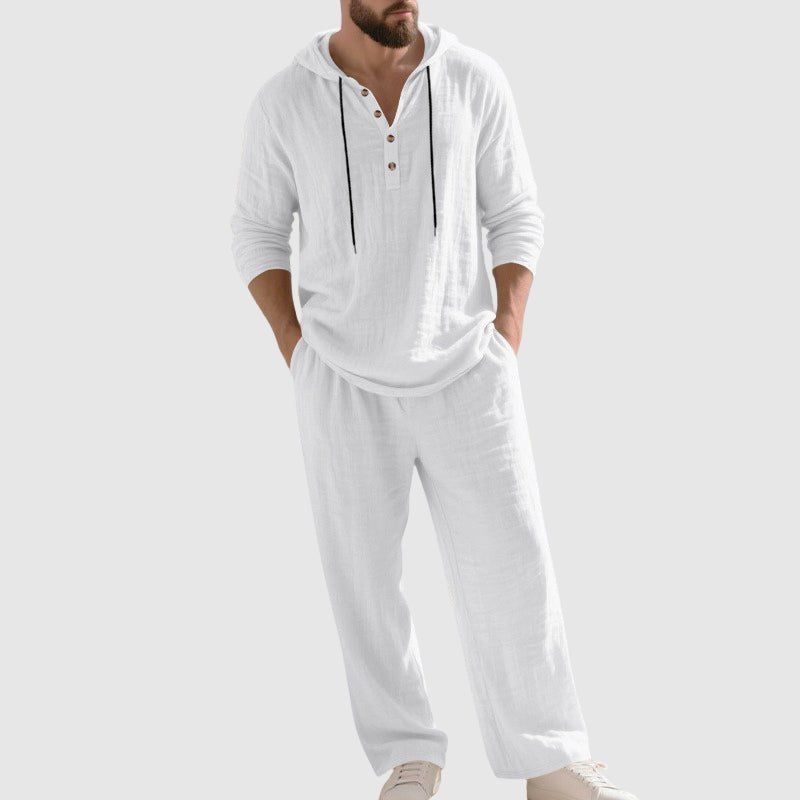 Oscar | Herre Afslappet Linen Hætte-Sæt med Henley-Skjorte
