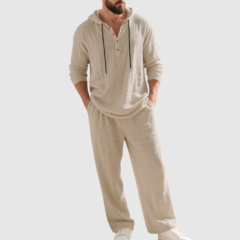 Oscar | Herre Afslappet Linen Hætte-Sæt med Henley-Skjorte