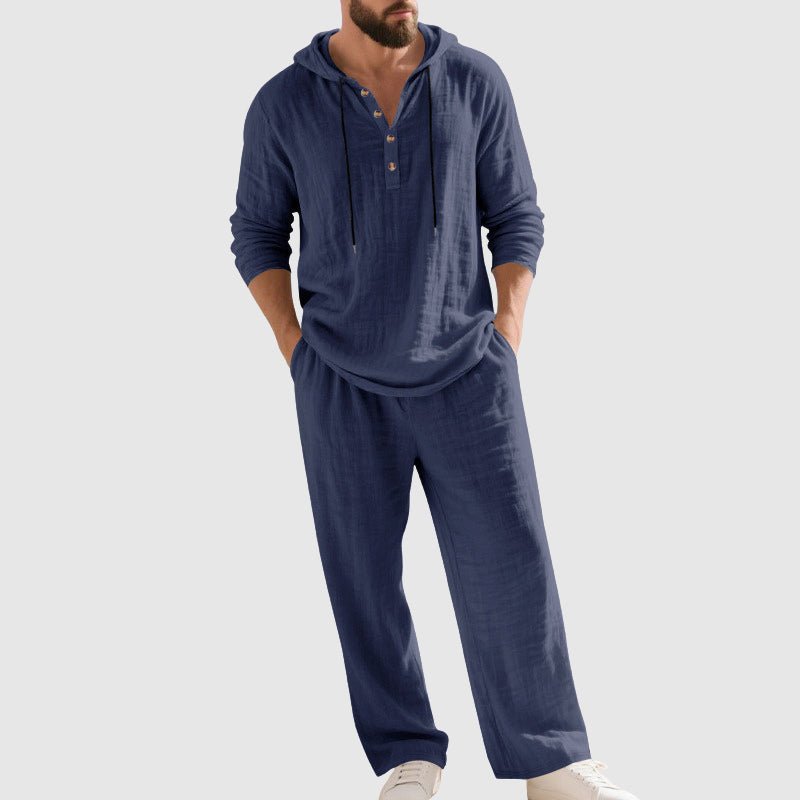 Oscar | Herre Afslappet Linen Hætte-Sæt med Henley-Skjorte