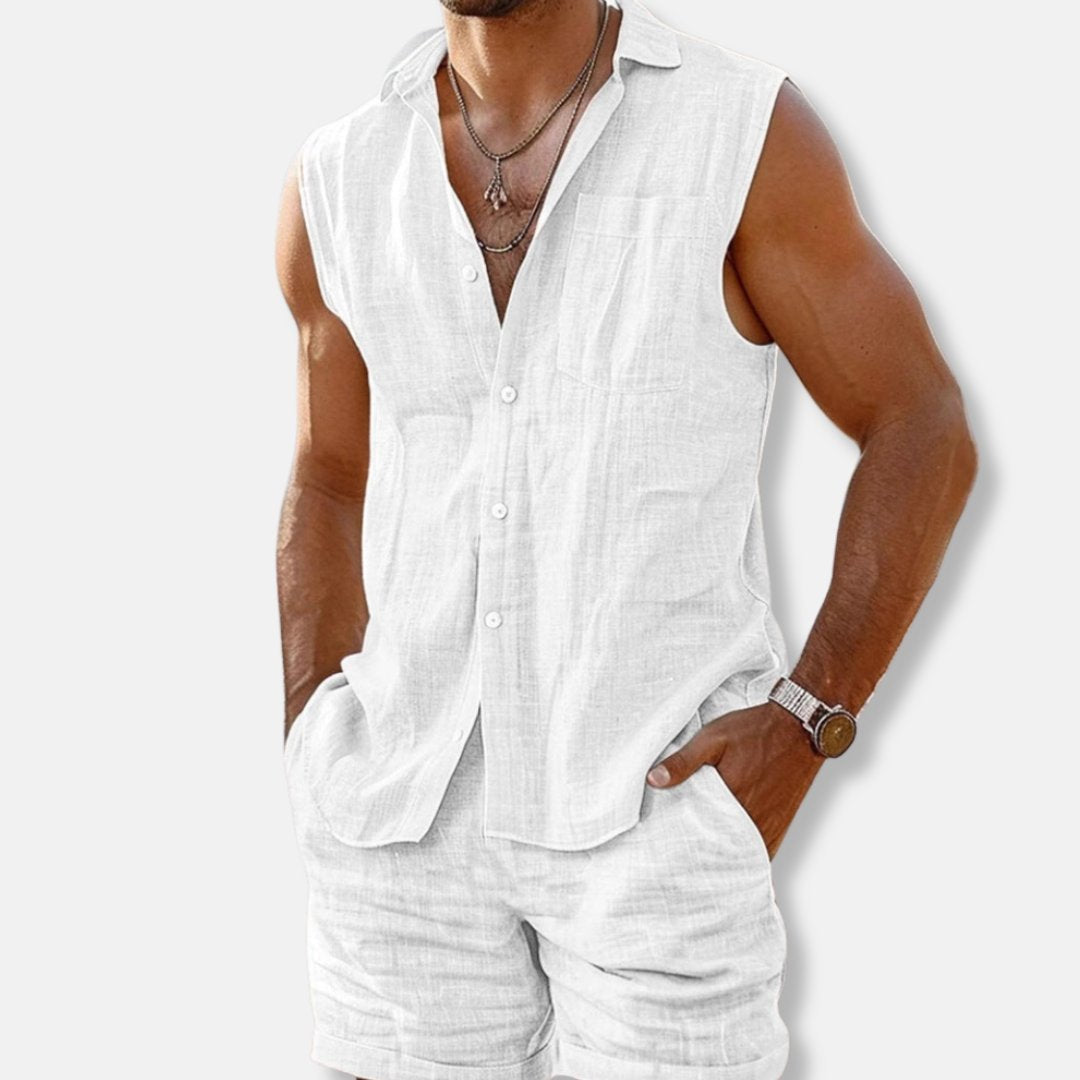 Christian | Herre ærmeløs linnedlook skjorte-sæt med shorts regular fit