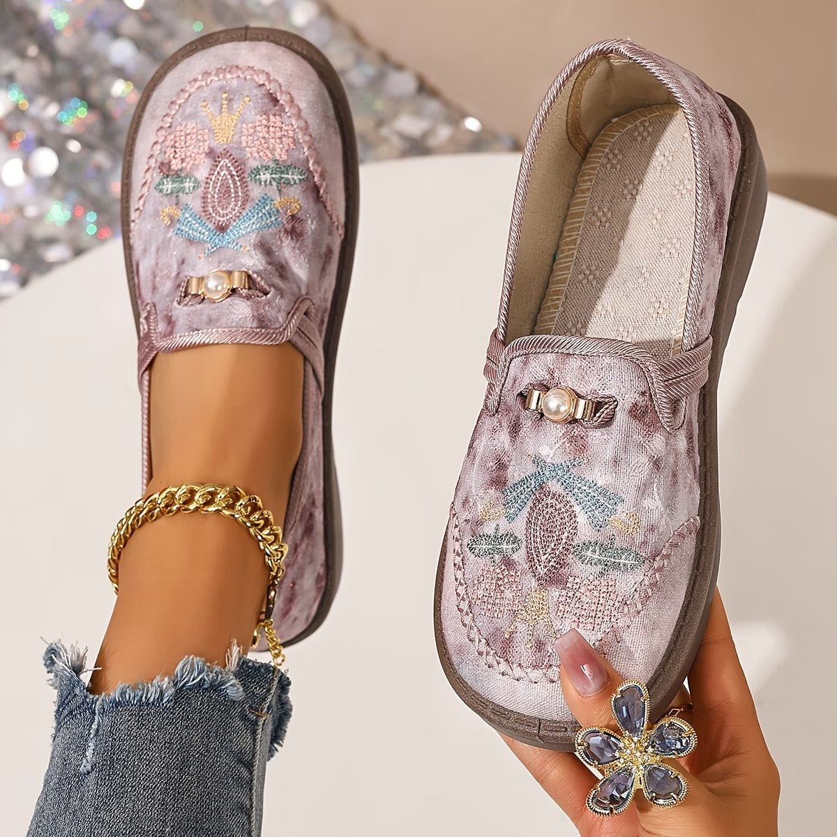 Astrid | Kvinder Broderet Blomster Slip-On Loafers