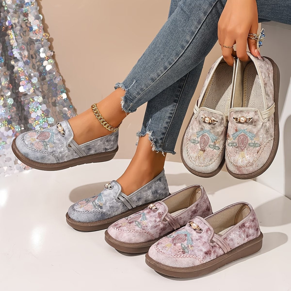 Astrid | Kvinder Broderet Blomster Slip-On Loafers