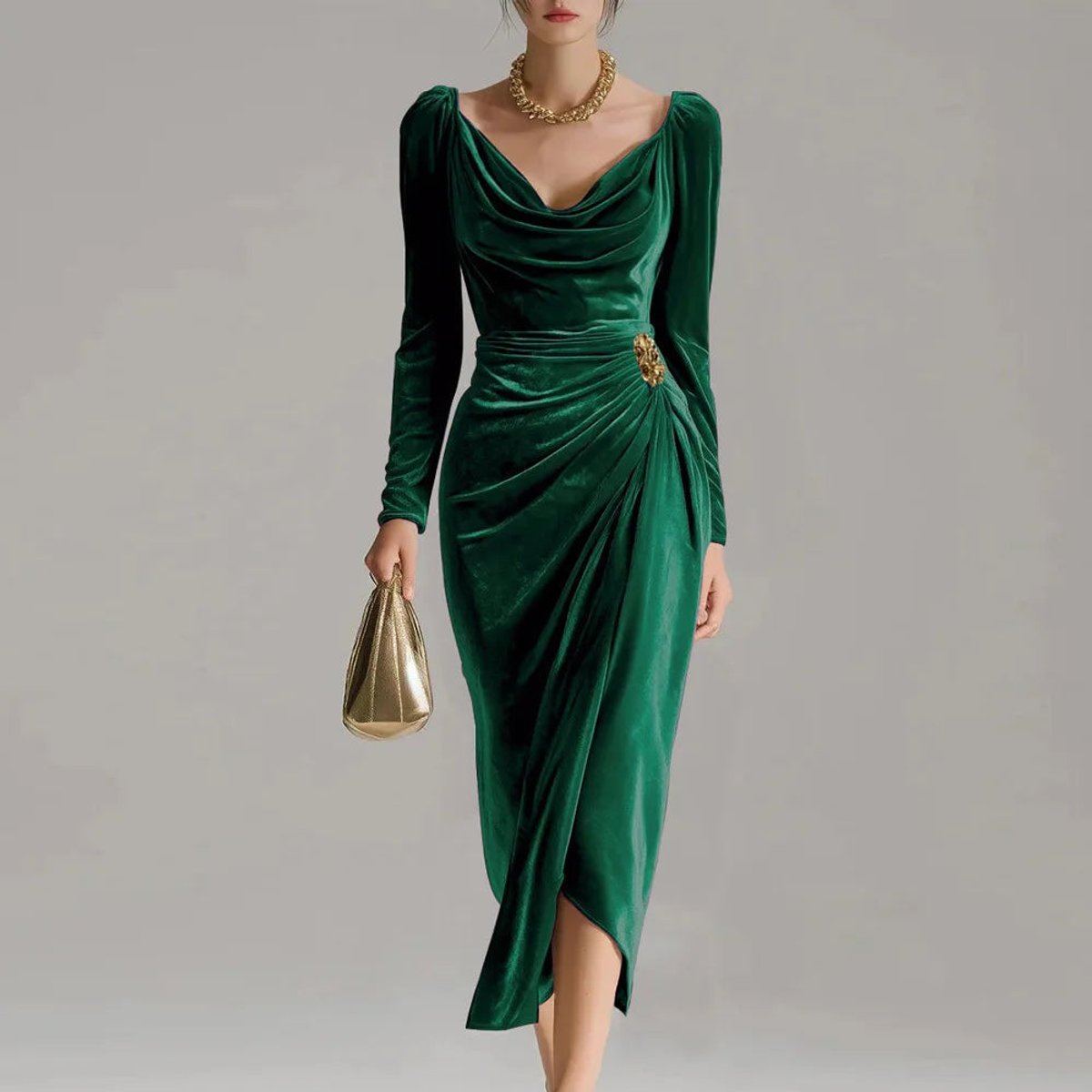 Laura | Kvinders Elegant Fløjl Midi Formal Dress Cowl-Neck Langærmet