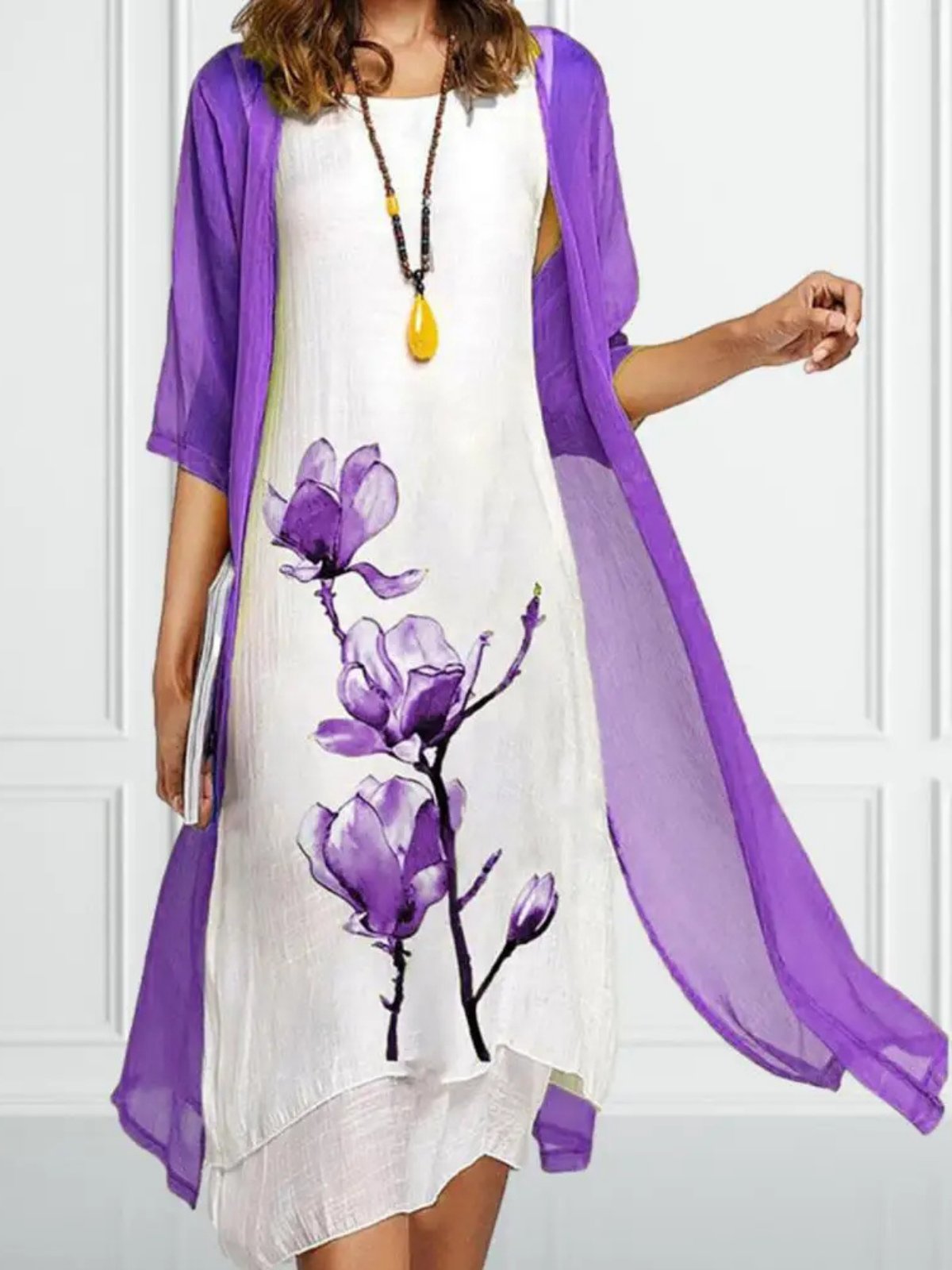 Ella | Kvinders Linen Midi Kjole med Chiffon Cardigan Sæt