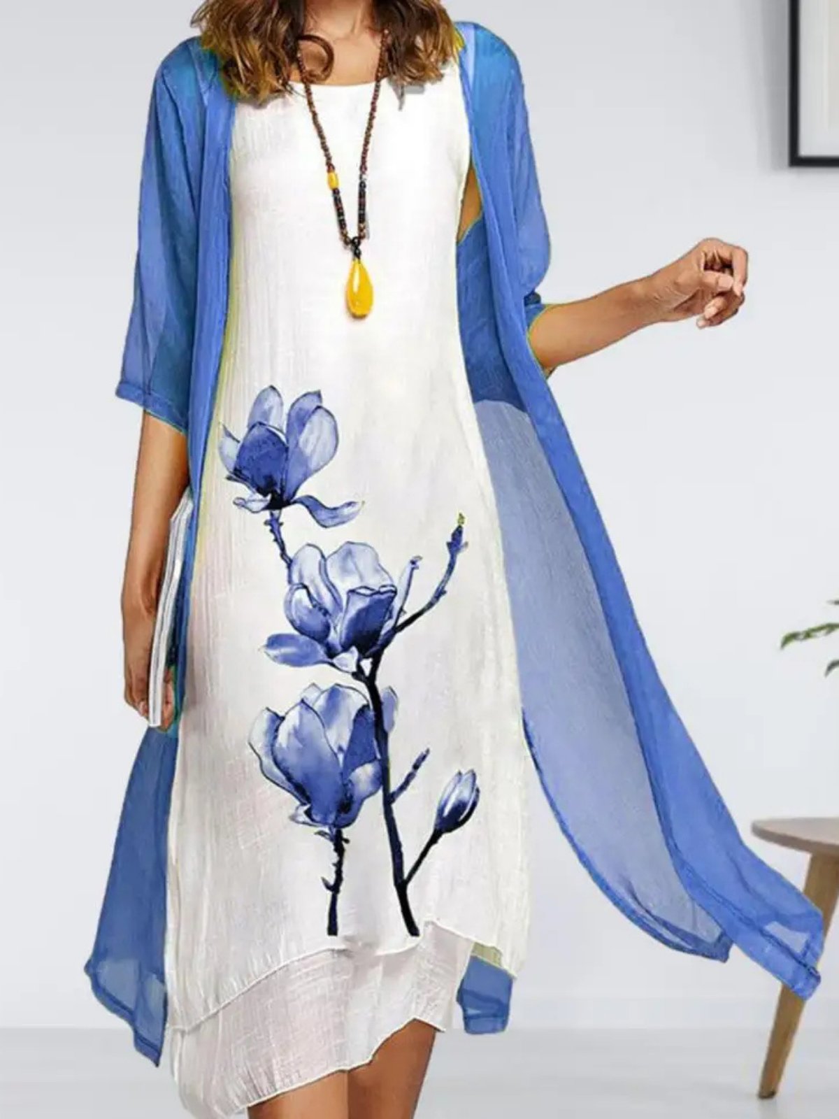 Ella | Kvinders Linen Midi Kjole med Chiffon Cardigan Sæt